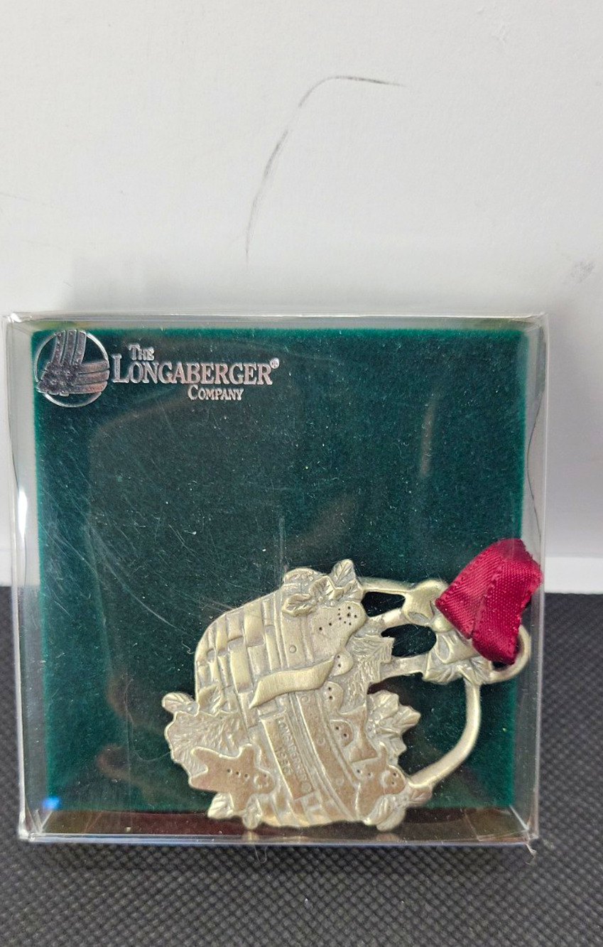 Vintage Longaberger 1985 Pewter Basket Christmas Hanging Ornament w/ Box Ribbon